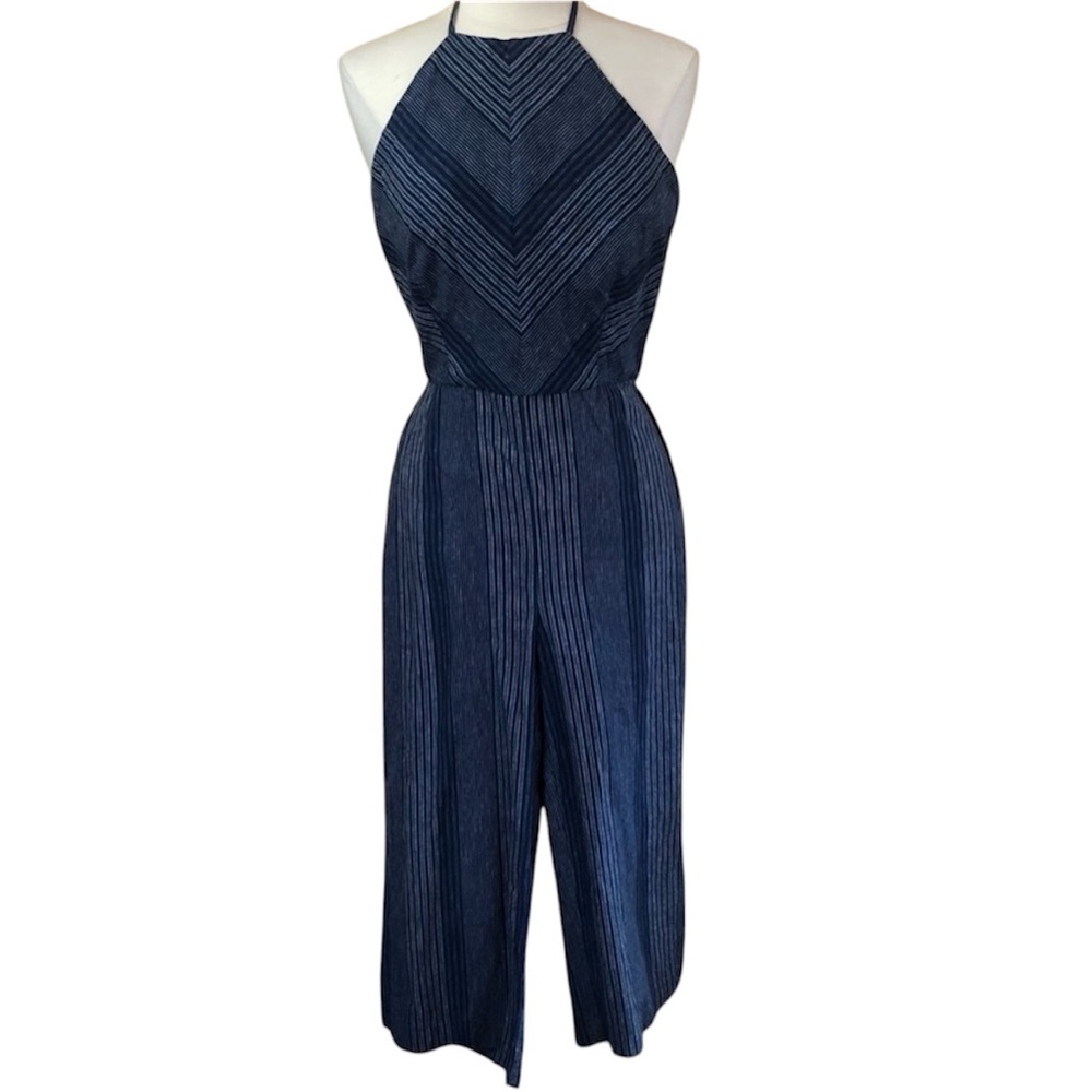 Belle Vere Navy & White stripe Halter cropped jumpsuit cotton & linen  Size XS